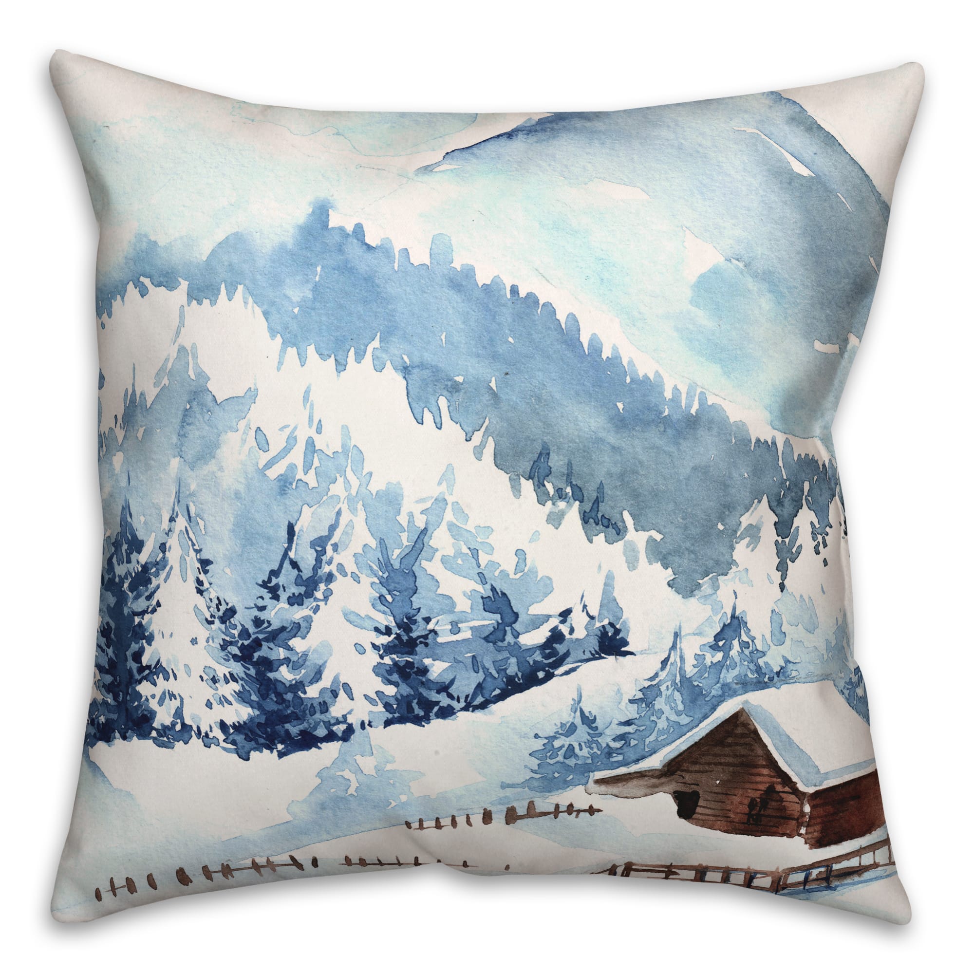 Snowy Cabin Watercolor 18x18 Throw Pillow